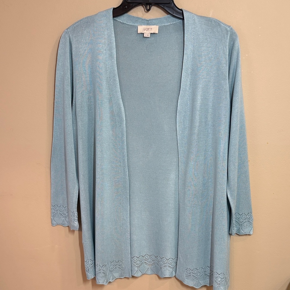 LOFT Sky Blue Open-Front Knit Cardigan with Scallop Trim, S